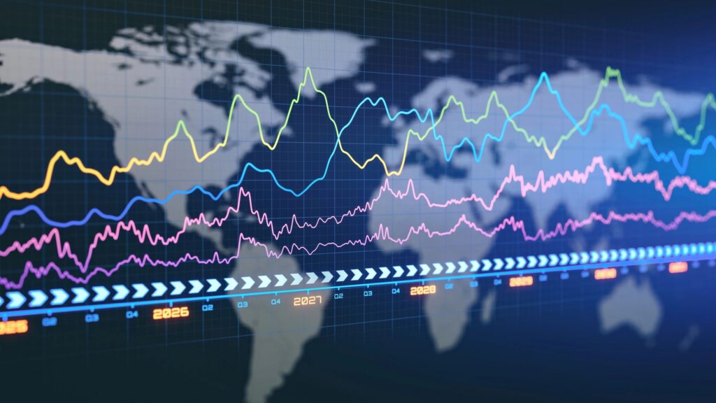 Timeline financial graph overlay on a world map background